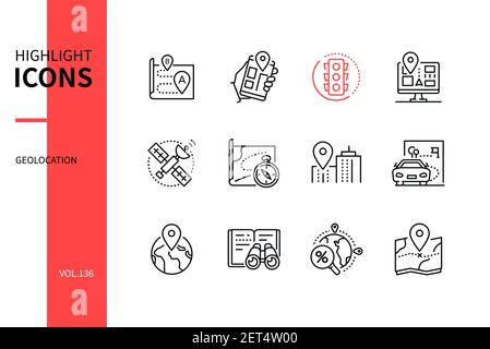 Géolocalisation - jeu d'icônes de style design moderne. Idée du système de navigation et de l'application mobile d'itinéraire. Trafic, navigateur gps, satellite, position, géolocalisation, ge Illustration de Vecteur
