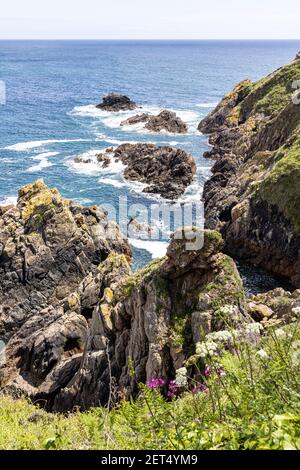 Rochers sous les falaises de Pointe de la Moye, le Gouffre, les Villets sur la magnifique côte sud accidentée de Guernesey, îles Anglo-Normandes au Royaume-Uni Banque D'Images