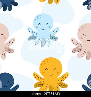 Joli motif poulpe sans couture avec des animaux sous-marins isolés sur fond blanc. Illustration vectorielle de style scandinave dessinée à la main. Illustration de Vecteur