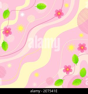 Bannière de solde de printemps Rpund. Feuilles et fleurs sur fond abstrait de ligne rose. Modèle d'affiche de remise mode. Peut être utilisé comme produit de vente au détail Illustration de Vecteur