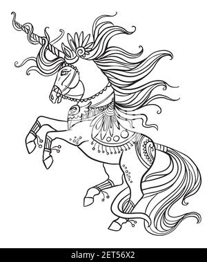 Élégante licorne ornée d'une longue minière. Illustration vectorielle noir et blanc de contour isolé pour les pages de livre à colorier, le design, les impressions, les affiches, les posters Illustration de Vecteur