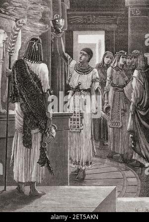 Wahibre Psamtik I, alias Psammeticus ou Psammetichus, 664-610 av. J.-C. Roi de la 26e dynastie d'Égypte. Le dernier jour d'une fête dans le temple d'Hephaestus, le souverain sacrificateur a fait sortir les phals d'or pour la libation, Mais compté à tort et a donné onze aux douze rois qui y étaient assemblés, Psammetichus qui n'avait pas reçu de flacon, a enlevé son casque de bronze et y a versé la libation. Les autres rois se souvenant que l'oracle avait promis la souveraineté de toute l'Égypte à quiconque devrait verser des libations d'un navire de bronze exilé Psammetichus dans les marais du delta du Nil. De Cassell Banque D'Images