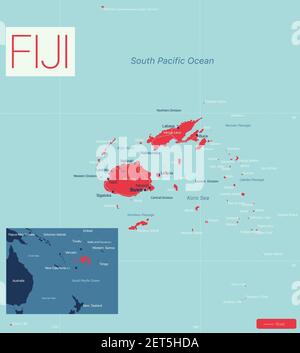 FIDJI carte détaillée modifiable avec régions villes, routes et chemins de fer, sites géographiques. Fichier vectoriel EPS-10 Illustration de Vecteur