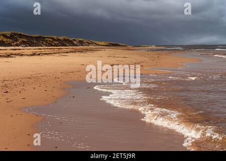 Plage de sable sous un ciel orageux dans la région rurale de l'Île-du-Prince-Édouard, Canada. Banque D'Images