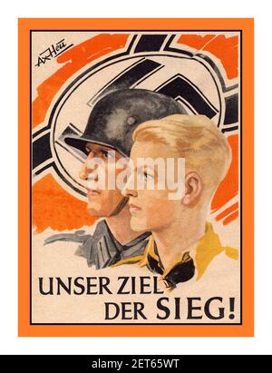 Vintage WW2 propagande nazie 1938 poster carte "NOTRE BUT LE LA jeunesse hitlérienne DE LA VICTOIRE devant le soldat Wehrmacht de l'Allemagne nazie Carte couleur 1938 « OUR ZIEL DER SIEG » « Hitler Youth In avant de l'homme avec casque en acier et drapeau swastika' Banque D'Images