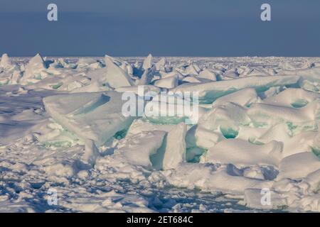 Accumulation de glace, détroit de Mackinac, entre le lac Michigan et le lac Huron, Michigan, États-Unis, février, par James D Coppinger/Dembinsky photo Assoc Banque D'Images