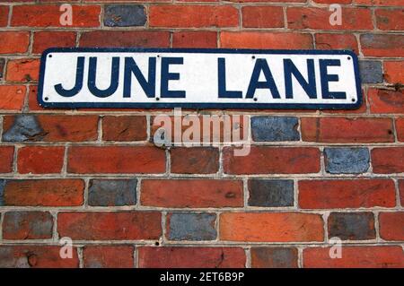 Panneau routier pour la rue June Lane fixé à un mur de briques. Banque D'Images