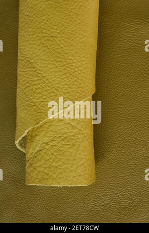 Rouleau en cuir véritable jaune.ensemble en cuir véritable. Cuir en rouleaux sur une surface en cuir beige foncé.Hobby et matériau artisanal. Texture du cuir gros plan. Banque D'Images