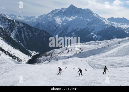 Piste de ski à la Rosière en France. Paysage d'hiver des Alpes. Banque D'Images