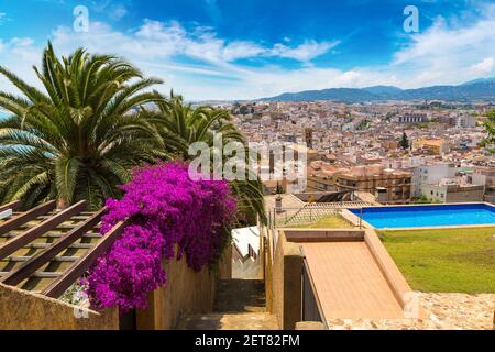 Bougainvilliers fleurit sur un mur à Blanes, sur la Costa Brava, en une belle journée d'été, en Espagne Banque D'Images