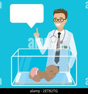 Homme de race blanche médecin pédiatre petit nouveau-né bébé, modèle de bulle de la parole, vecteur plat illustration Illustration de Vecteur