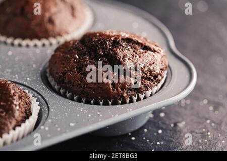 Muffins au chocolat tout juste cuits dans un plateau, concept de recette de cuisine de confort maison Banque D'Images