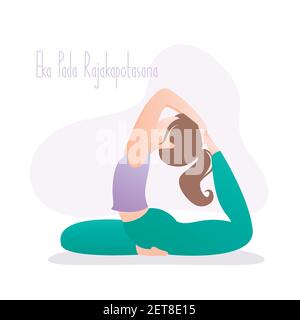 Fille assise dans la pose de yoga, Raja Kapotasana ou la pose de roi Pigeon est un asana dans le hatha yoga, illustration vectorielle dans le style tendance Illustration de Vecteur