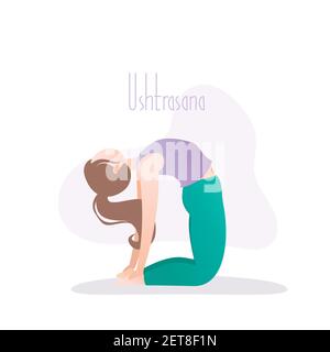 Fille assise dans la pose de yoga, la pose de Camel ou Ustrasana asana dans le hatha yoga, illustration de vecteur dans le style tendance Illustration de Vecteur