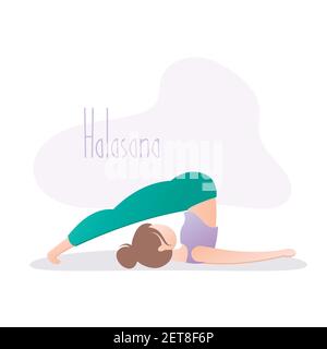 Femme faisant la pose de yoga, la pose de Plough ou Halasana asana dans le hatha yoga, illustration de vecteur dans le style tendance Illustration de Vecteur