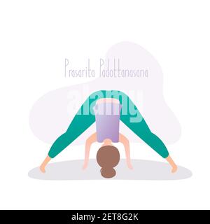 Fille faisant pose de yoga, Prasarita Padottanasana ou à jambe large debout virage vers l'avant asana en hatha yoga, illustration vectorielle dans un style tendance Illustration de Vecteur