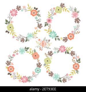 Collection de couronnes à fleurs isolées. Ensemble de jolies couronnes dessinées à la main, idéal pour les invitations de mariage et les cartes de vœux. Illustration de Vecteur