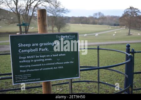 Panneau dans Campbell Park à Milton Keynes - 'heep are Grazing'. Banque D'Images