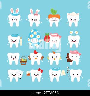 Ensemble d'icônes dentaires de Pâques mignonnes. Illustration de Vecteur