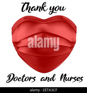 Merci aux professionnels de la santé - autocollant ou badge, masque rouge sous forme de coeur et de texte. Merci aux médecins et Illustration de Vecteur