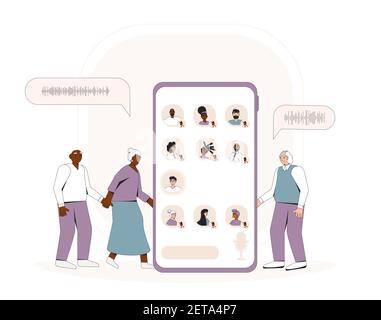 Application de réseaux sociaux. Chat audio. Amis âgés communiquant avec la voix et le téléphone. Conférence en ligne avec différentes personnes. Illustrateur vectoriel Illustration de Vecteur
