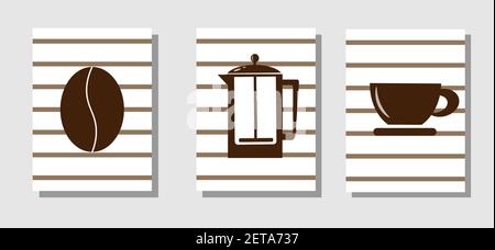 Un ensemble d'affiches avec café - presse-fritté. grain de café, tasse. Illustration de Vecteur