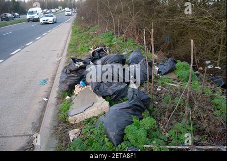 Denham, Buckinghamshire, Royaume-Uni. 1er mars 2021. Des sacs de déchets noirs pleins volent dans une layette à Denham sur une route très fréquentée. Il y a eu une augmentation considérable du nombre de pourboires illégaux à la mouche dans le Buckinghamshire pendant la pandémie de Covid-19, malgré l'ouverture de sites de déchets ménagers et commerciaux. Le pourboire à la mouche est une infraction pénale passible d'une amende pouvant aller jusqu'à 50,000 livres sterling ou 12 mois d'emprisonnement devant un tribunal de juridiction. L'infraction peut entraîner une amende illimitée et jusqu'à 5 ans d'emprisonnement s'il est reconnu coupable devant un tribunal de la Couronne. Crédit : Maureen McLean/Alay Banque D'Images