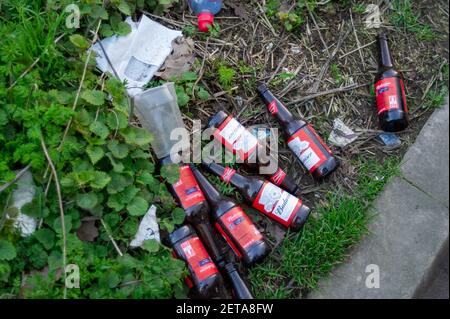 Denham, Buckinghamshire, Royaume-Uni. 1er mars 2021. Des bouteilles de bière volent dans une layette à Denham sur une route très fréquentée. Il y a eu une augmentation considérable du nombre de pourboires illégaux à la mouche dans le Buckinghamshire pendant la pandémie de Covid-19, malgré l'ouverture de sites de déchets ménagers et commerciaux. Le pourboire à la mouche est une infraction pénale passible d'une amende pouvant aller jusqu'à 50,000 livres sterling ou 12 mois d'emprisonnement devant un tribunal de juridiction. L'infraction peut entraîner une amende illimitée et jusqu'à 5 ans d'emprisonnement s'il est reconnu coupable devant un tribunal de la Couronne. Crédit : Maureen McLean/Alay Banque D'Images