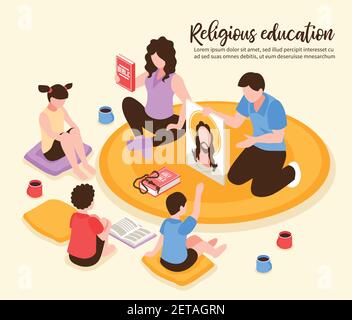 Les parents religieux catholique d'éducation à domicile montrant la bible et le portrait des enfants illustration vectorielle isométrique de jésus Illustration de Vecteur