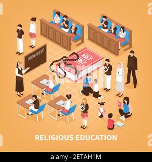 Éducation religieuse composition isométrique école du dimanche pour les enfants lecture de la bible à la prière à la maison dans l'illustration vectorielle de l'église Illustration de Vecteur