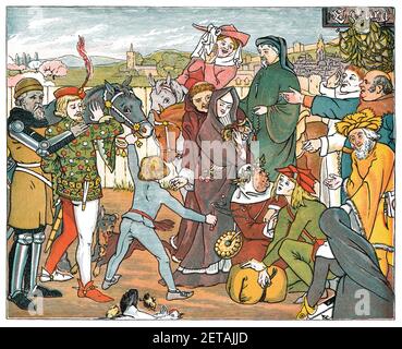 1895 illustration victorienne des pèlerins de Canterbury de Geoffrey Chaucer’s Canterbury Tales. Extrait du livre Chaucer for Children, écrit et illustré par Mme H. R. Haweis. Banque D'Images