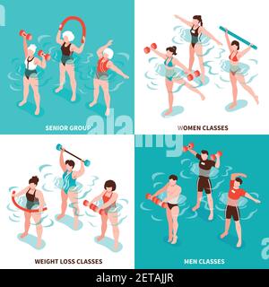 Aqua classes d'aérobic hommes et femmes groupe senior pour personnes perte de poids concept isométrique illustration du vecteur isolé Illustration de Vecteur
