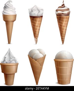 Ensemble réaliste de crème glacée avec six crèmes glacées isolées en galette coupes de forme différente avec illustration du vecteur de garniture Illustration de Vecteur