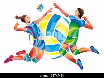 Hommes et femmes joueurs Volleyball concept Illustration isolé sur blanc Banque D'Images