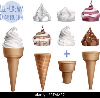 Crème glacée réaliste constructeur ensemble de diverses garnitures avec du sucre cônes de forme différente et illustration vectorielle de texte Illustration de Vecteur