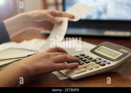 Femme qui fait de la comptabilité financière. Épargne, finances et économie concept Banque D'Images