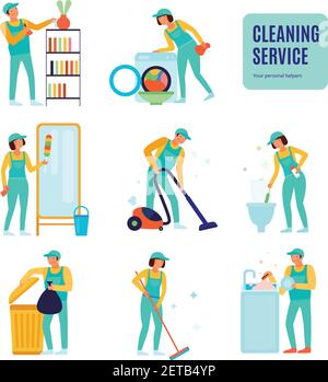 Personnel de service de nettoyage pendant divers travaux domestiques de icônes plates illustration vectorielle isolée Illustration de Vecteur