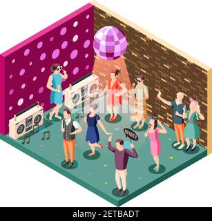 Stand de photo célébration de l'événement composition isométrique avec soirée disco ball illustration vectorielle des haut-parleurs et des personnes tenant des accessoires Illustration de Vecteur