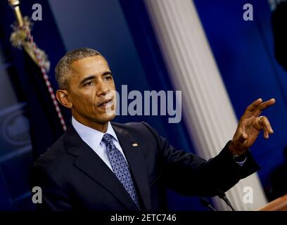 LE président AMÉRICAIN Barack Obama donne sa dernière conférence de presse dans la salle de presse de la Maison Blanche, Washington, DC, le 18 janvier 2017. *** Veuillez utiliser le crédit du champ de crédit ***