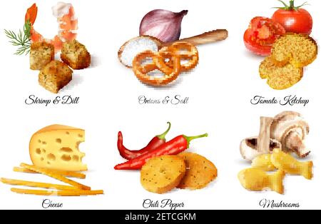 Ensemble de six compositions réalistes de design illustré craquelins en-cas et illustration vectorielle isolée des ingrédients additifs aromatisants Illustration de Vecteur