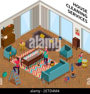 Composition des services de nettoyage à domicile avec les travailleuses pendant la dîme d'illustration vectorielle isométrique d'appartement Illustration de Vecteur