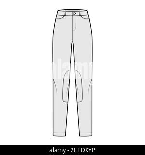 Ensemble de jeans Kentucky Jodhpurs pantalons denim illustration technique de la mode avec taille basse, taille, passants de ceinture, longueurs complètes. Modèle de vêtement à fond plat de couleur grise sur le devant. Femmes, hommes, maquette de CAD unisex Illustration de Vecteur