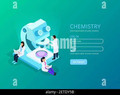Élaboration de vaccins composition web isométrique avec compte d'utilisateur et scientifiques illustration vectorielle d'arrière-plan vert pendant le travail Illustration de Vecteur