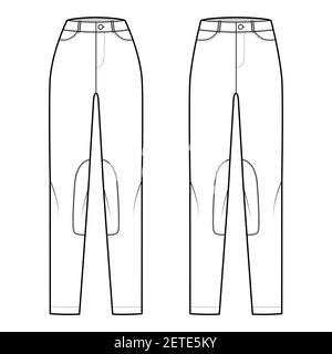 Ensemble de jeans Kentucky Jodhpurs pantalons denim illustration technique de la mode avec taille basse normale, taille haute, poches, passants de ceinture, longueurs complètes. Avant modèle plat, couleur blanche. Maquette CAD pour femmes et hommes Illustration de Vecteur