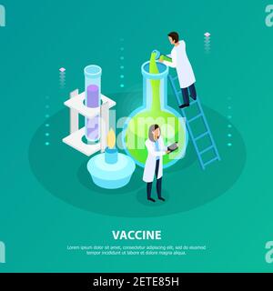 Scientifiques au cours d'expériences en laboratoire pour le développement de vaccins sur fond vert illustration du vecteur isométrique Illustration de Vecteur