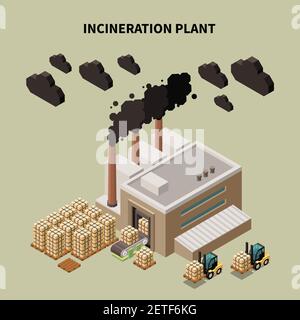 Composition colorée de recyclage des déchets avec titre d'usine d'incinération et isolé illustration du vecteur de construction d'entrepôt Illustration de Vecteur