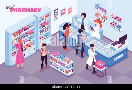 Composition de fond isométrique de la pharmacie avec vue intérieure de la pharmacie personnages et racks humains avec illustration vectorielle des étagères Illustration de Vecteur