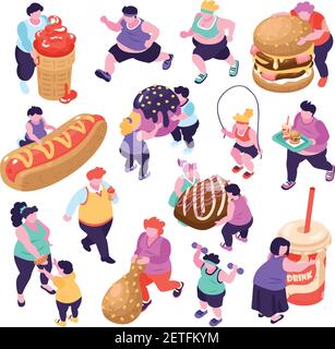Les hommes et les femmes souffrant de la glutonie et faisant des sports isométriques icônes isolées sur fond blanc illustration 3d vectorielle Illustration de Vecteur