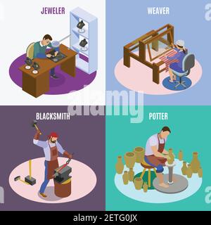 CRAFTSMAN Isométrique 4 icônes concept carré avec tisserand main Loom artisan joaillier forgeron potter illustration vectorielle isolée Illustration de Vecteur