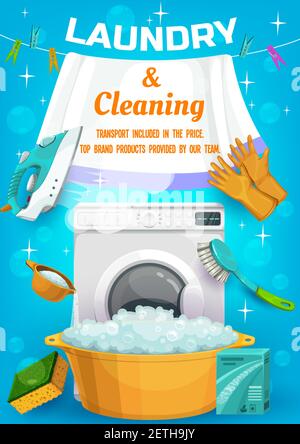 Service de blanchisserie et de nettoyage avec vecteur outils pour le ménage lave-linge, lessive et lavabo, gants en caoutchouc et éponge avec brosse. Nettoyez la raise Illustration de Vecteur